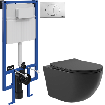 Комплект Унитаз подвесной Aqueduto Ovo OVO0140 безободковый, с микролифтом, черный матовый + Инсталляция STWORKI + Кнопка 230822 хром глянцевый в #REGION_NAME_DECLINE_PP#